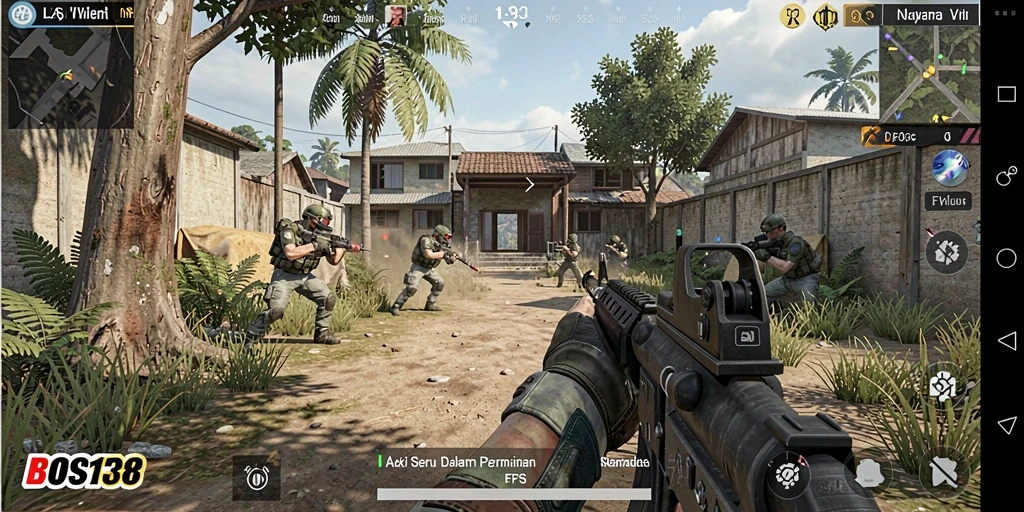 Screenshot BOS138 menunjukkan aksi menegangkan dalam permainan FPS.