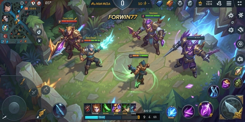 Tangkapan layar gameplay <strong>FORWIN77</strong> menunjukkan pertempuran seru dalam arena MOBA.