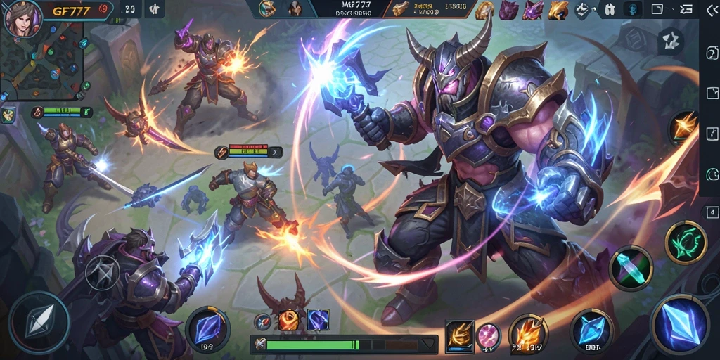 Tangkapan layar utama dari gameplay GF777 yang penuh aksi MOBA.