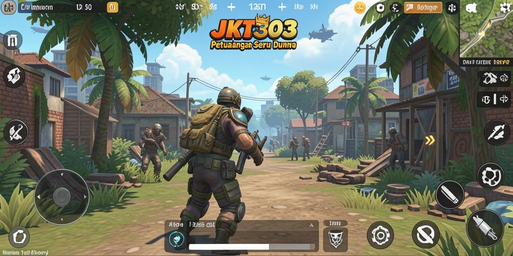 Screenshot utama JKT303 menampilkan aksi eksplorasi di dunia terbuka.