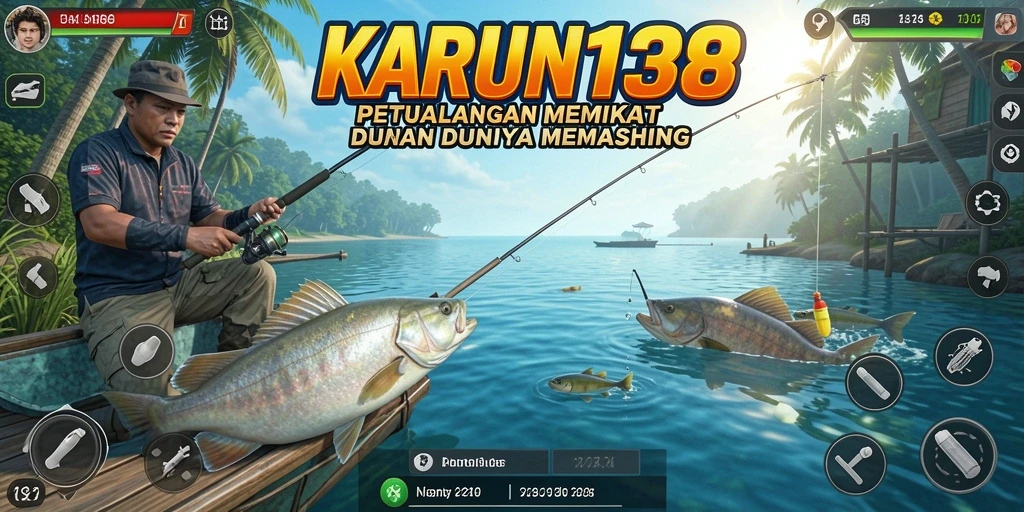 Gameplay KARUN138 menampilkan pemancing yang menangkap ikan di laut.