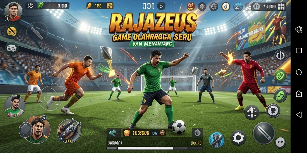 Screenshot utama RAJAZEUS menunjukkan momen seru pertandingan olahraga.
