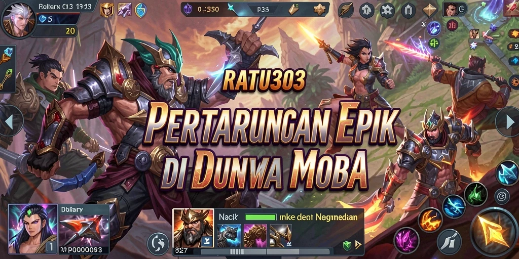 Tampilan gameplay seru dalam RATU303 dengan aksi pertempuran MOBA yang mendebarkan.
