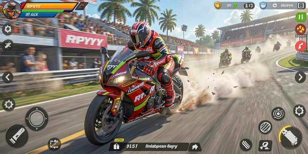 Tangkapan layar utama RPYYY menunjukkan aksi balapan motor yang mendebarkan.