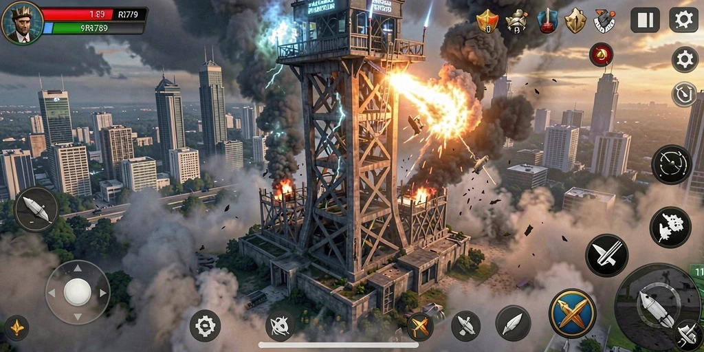 Screenshot gameplay RR789 menunjukkan pertahanan menara yang intens dan strategi perang yang harus diterapkan.