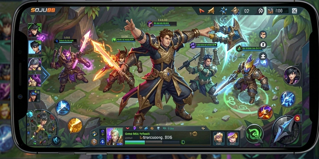 Screenshot utama SOJU88 yang menunjukkan momen pertarungan epic MOBA.