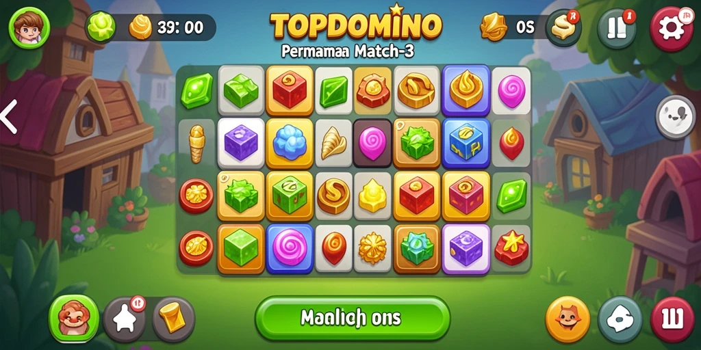 Screenshot utama TOPDOMINO menampilkan serunya gameplay Match-3 dengan kombinasi warna menarik.