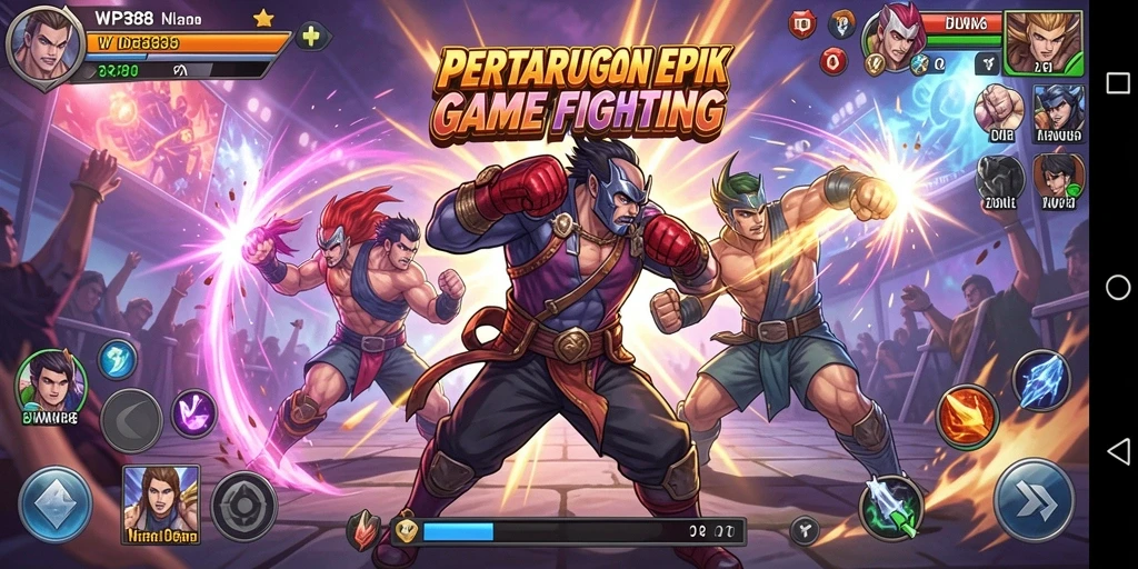 Tampilan gameplay WP888 dengan aksi pertarungan yang intens dan karakter unik.